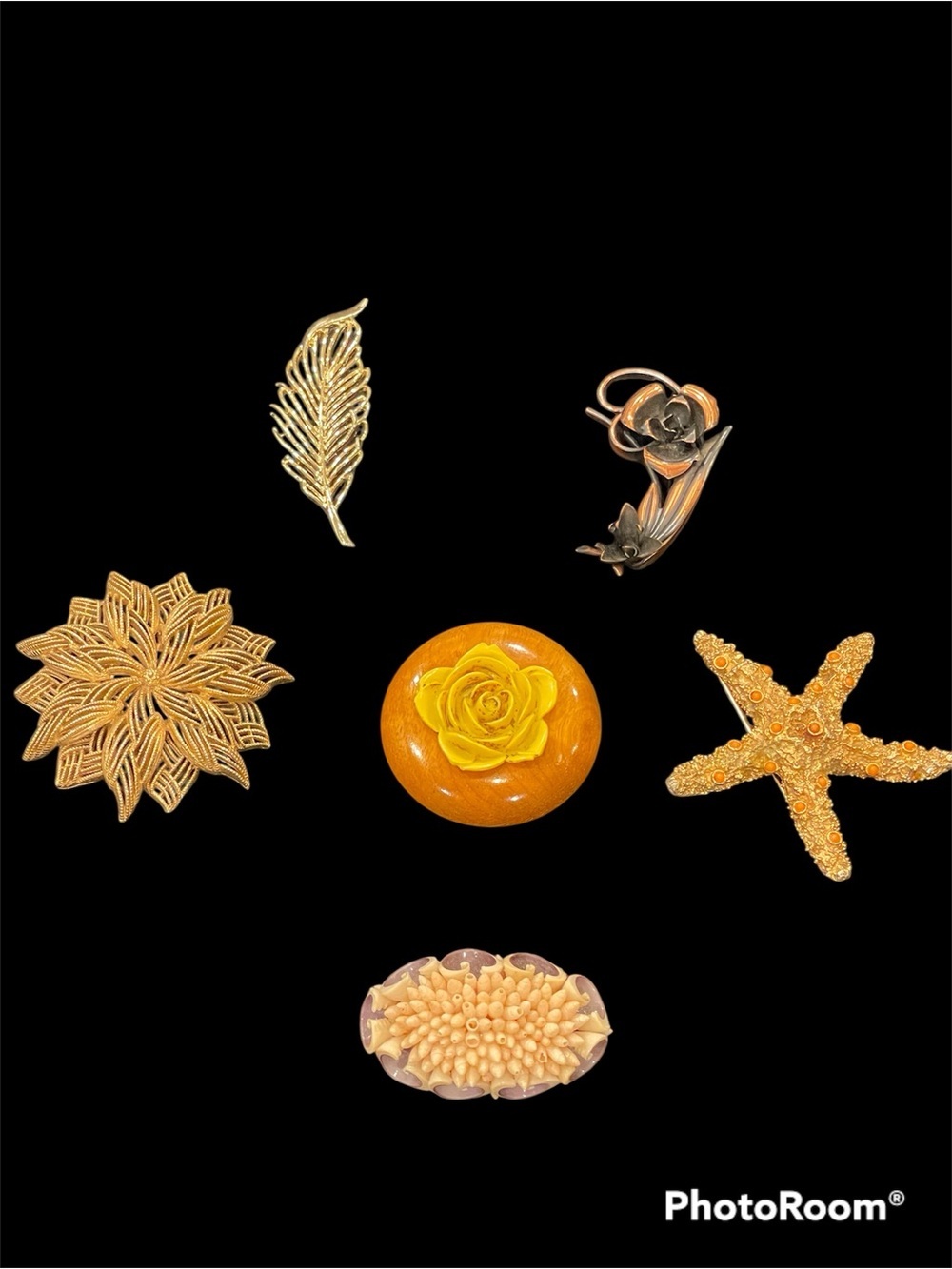 Vintage Brooch Lot Gold ,Wood, Flowers Set of 6